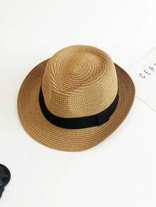 1 件编织草帽，适合男孩、女孩和儿童，沙滩/户外穿着，夏季