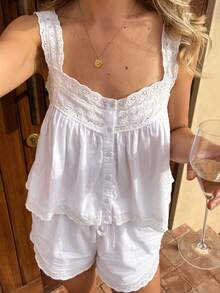 Women Square Neck Lace Eyelet Tank Top Summer Sleeveless Button Down Vest Shirts - 白色 - 查看 5