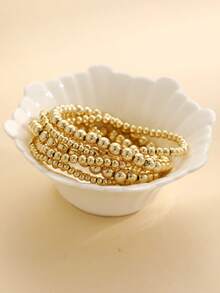 7pcs Elastic Handmade Beaded Bracelet Set, Universal Design With CCB Round Beads - Yellow Gold - View 3