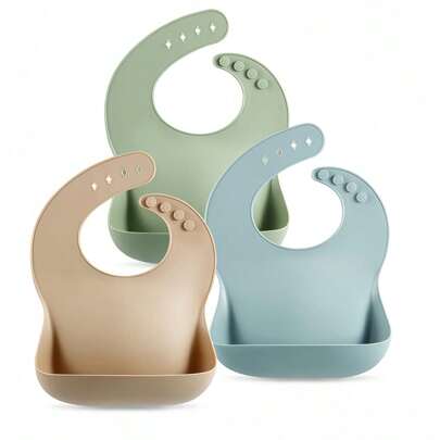 3pcs/Set Silicone Baby Bibs, Waterproof & Soft, Suitable For Boys & Girls, 10-72 Months (Brown/Blue/Green)