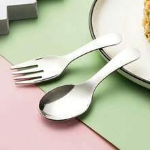 [2pcs Durable Stainless Steel Cutlery] 2pcs Durable Stainless Steel Compact Cutlery Set - Portable Spoon And Fork Combo With Short Handle For Travel, Students, Dining - Soup Spoon, Dessert Fork Kit - 銀色 - 查看 7