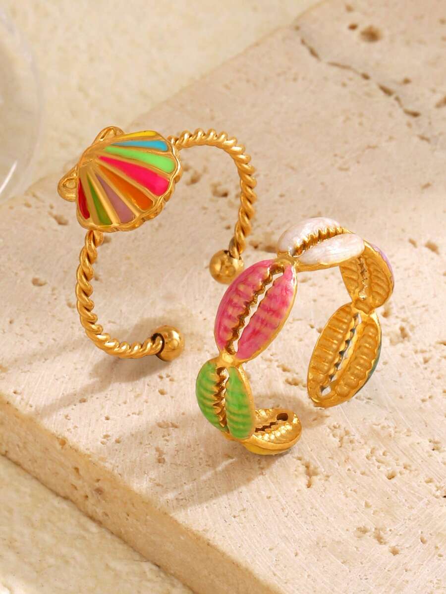 2 件套不锈钢彩色珐琅纹理鱼骨开口戒指套装，适合日常沙滩佩戴 - 彩色 - 查看 1