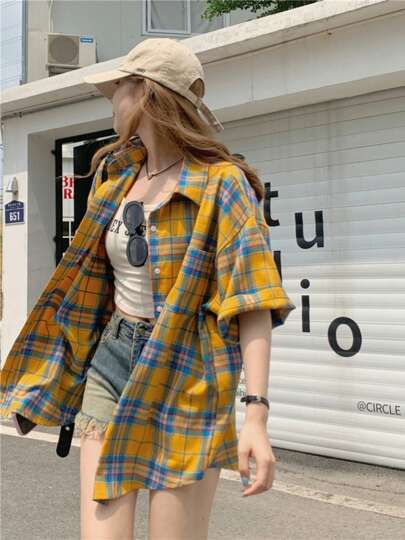 Retro American Niche Design Short Sleeve Plaid Shirt For Women, Lightweight Summer Sun Protection Jacket, Loose Fit Versatile Blouse For Petite