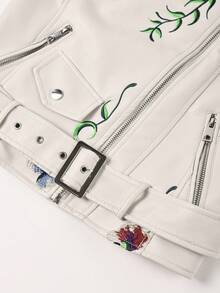 Women's Spring/Autumn Faux Leather Embroidered Commuter Jacket With Belt, Minimalist Versatile Biker PU Jacket