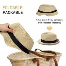 Fedora Straw Sun Hat Men Trilby Hat Short Brim Foldable Roll Up Summer UPF 50+ Panama Beach Hats
