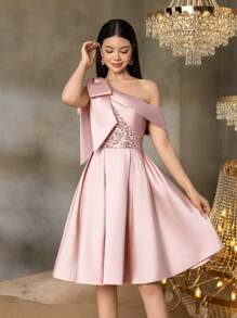 Alisa&Leo Teen Girls' Satin One-Shoulder Graduation Dress With With Sequin Bodice & Bow Detail - A-Line Skirt For School Formal Events, Proms & Summer Galas