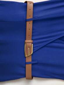 女士高腰 V 领阔腿连体裤不对称套装（配腰带） - 藍色 - 查看 5