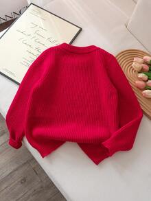Girls' Cute Solid Color Letter Embroidery Knit Pullover Sweater, Suitable For Daily, Vacation, Spring, Autumn, Winter