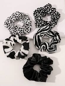 5 Peças Scrunchies de Cabelo Preto e Branco, Scrunchies de Cabelo com Estampa de Leopardo e Vaca, Acessórios de Cabelo Decorativos, Elásticos de Cabelo, Scrunchies, Acessórios de Cabeça para Rabo de Cavalo, Elásticos de Borracha para Cabelo - Preto e Branco - Visão 1
