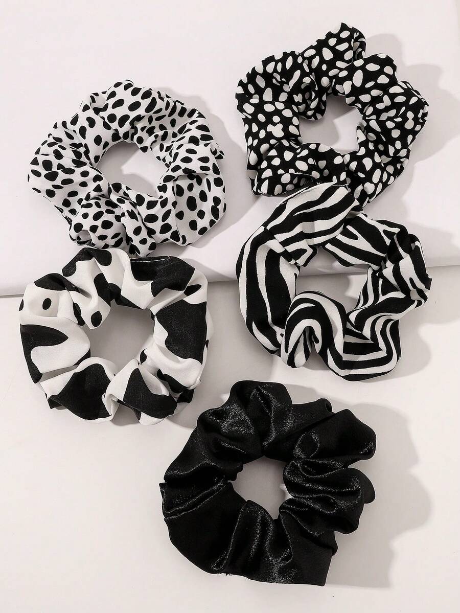 5 Peças Scrunchies de Cabelo Preto e Branco, Scrunchies de Cabelo com Estampa de Leopardo e Vaca, Acessórios de Cabelo Decorativos, Elásticos de Cabelo, Scrunchies, Acessórios de Cabeça para Rabo de Cavalo, Elásticos de Borracha para Cabelo - Preto e Branco - Visão 1