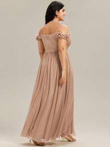 EVERPRETTY 大码女士优雅露肩碎花礼服，香槟色伴娘礼服，适合春夏婚礼、派对、宴会 - 杏色 - 查看 3