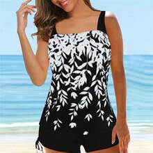 Traje de baño de verano para mujer de 2 piezas, top acolchado con estampado de hojas + shorts con cordón ajustable de color liso para niñas, 5 colores - Blanco - Ver 3