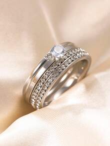 4 件套奢华欧式不锈钢水钻和方晶锆石女士戒指套装，适合日常佩戴和送礼 - 4pcs/set - 查看 10