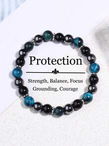 天然蓝虎眼石和熔岩石男士保护手链 - 力量、勇气、赤铁矿疗愈冥想精神珠宝礼物，适合女性和男性