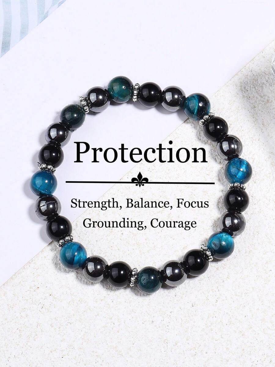天然蓝虎眼石和熔岩石男士保护手链 - 力量、勇气、赤铁矿疗愈冥想精神珠宝礼物，适合女性和男性