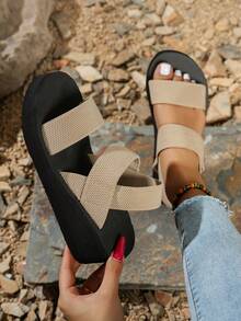 女士简约百搭高跟凉鞋，松紧带，舒适厚底，适合休闲、沙滩、度假、波西米亚、夏威夷风格 - 米色 - 查看 2