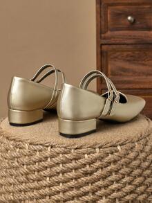 MonaNise 女士3厘米布面包跟黑色时尚百搭玛丽珍低跟粗跟优雅平底鞋，另有藏蓝色、咖啡色、酒红色可选 - 金色 - 查看 6