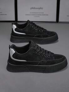 Zapatillas deportivas elegantes para hombre en negro y gris, con suela gruesa antideslizante y resistente al desgaste, zapatillas de tenis para hombre, diseño con cordones y puntera redondeada, ligeras y cómodas, ideales para deportes al aire libre, uso diario y desplazamientos al trabajo. - Negro - Ver 4