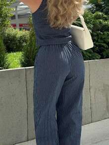 Jeta Ari Women's Summer Striped Spaghetti Strap Top & Pants Casual 2 Pieces Set - Navy Blue - View 9