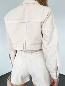 Casual Solid Color Pocket Zip Up Cropped Denim Jacket - Beige - View 5