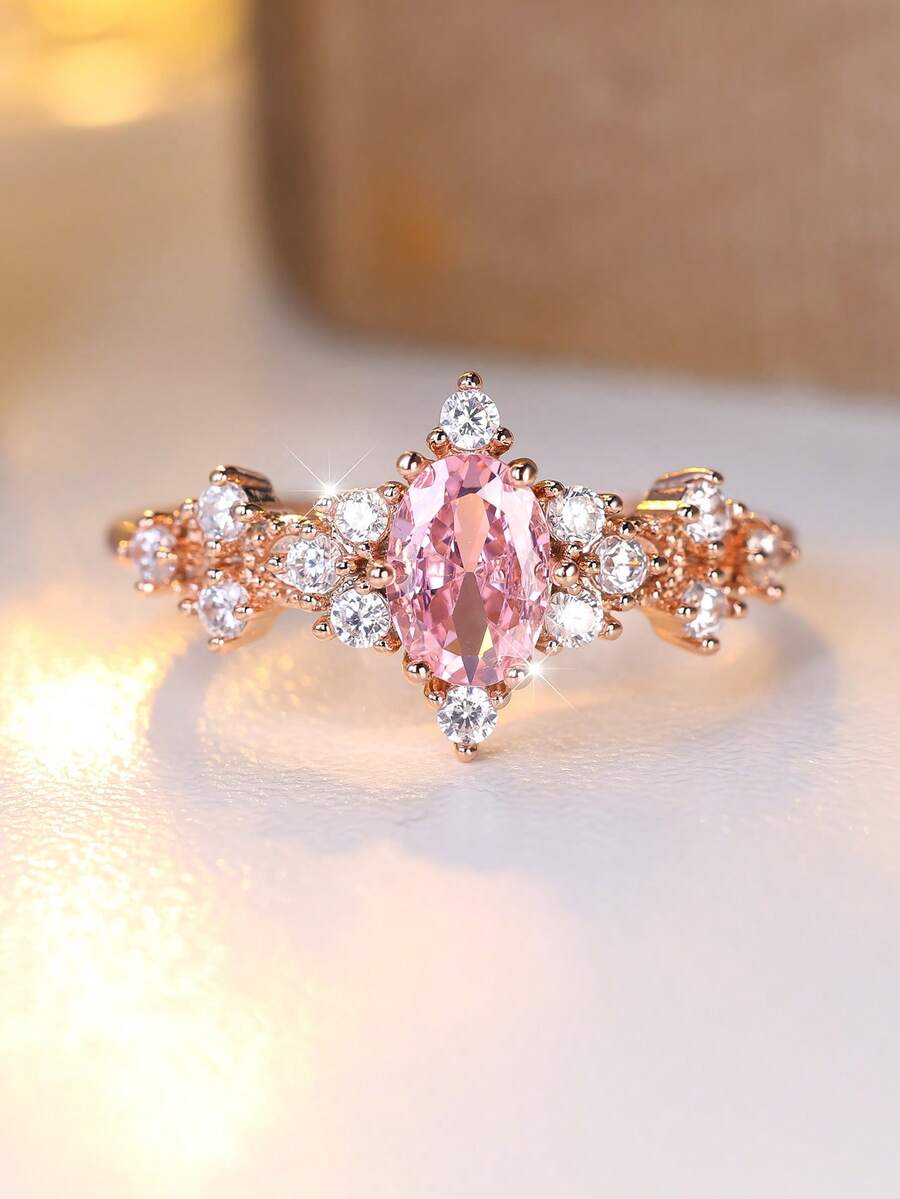 Vanel 1 pieza Anillo de Promesa Exquisito con Circonita Rosa Incrustada, Anillo de Compromiso y Boda para Mujer, Múltiples Tallas a Elegir, Regalo para Ella - rosa dorado-rosa - Ver 1