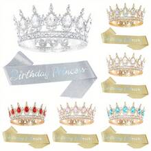 Perlengkapan Pesta Ulang Tahun Bling Rhinestones Mahkota Tiara Emas Selempang Putri Ulang Tahun untuk Wanita Aksesori Rambut Selamat Ulang Tahun Hadiah Prom Dekorasi - MultiWarna - View 2