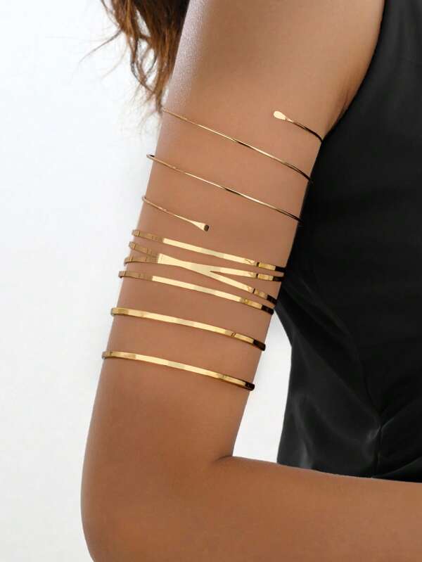 3pcs/Set Simple Metallic Geometric Cross-Over Upper Arm Cuff Bracelets, Hollow Line Openable Armlet Set, Fashionable Personalized Statement Jewelry For Women, Summer Beach Party Holiday Accessories