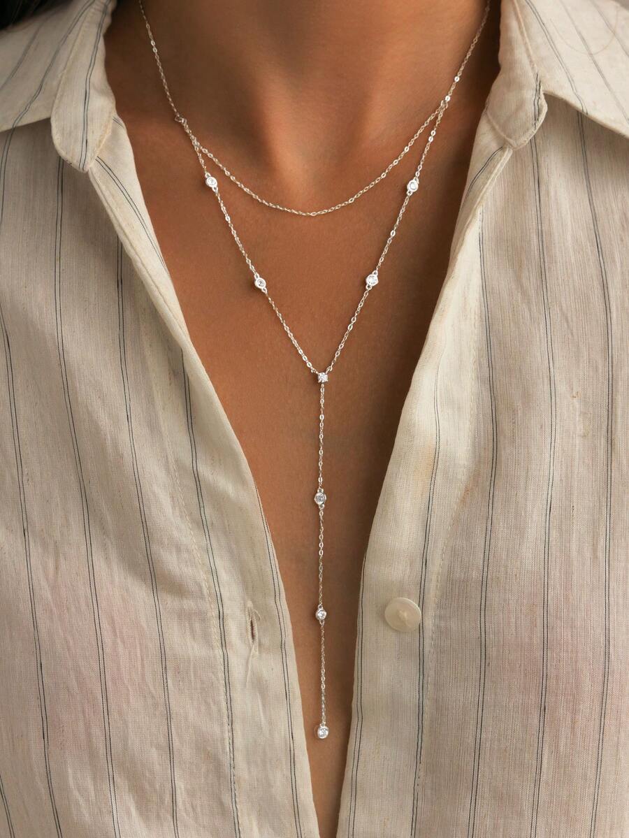 1 chiếc vòng cổ chữ Y tua rua nhiều lớp bằng bạc Sterling 925, phụ kiện thời trang đính đá Cubic Zirconia lấp lánh, thiết yếu cho hàng ngày, hẹn hò, tiệc tùng, kỳ nghỉ, vòng cổ choker thanh lịch - Bạc - Xem 1