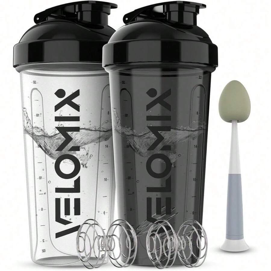 2-Pack 28oz/830ml Premium Shaker Bottles With 4 Stainless Steel Balls - Leakproof Mixer Cups For Protein, Smoothies & Meal Replacement - Gym, Office, Travel & Home Use - Blue & Clear Combo With Measurement Marks - 刷牙 - 查看 1