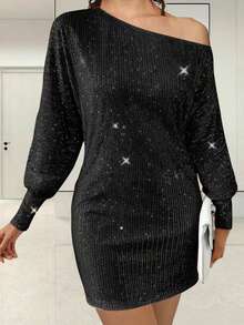 Women's Off One Shoulder Sequined Dress Slim Fit Stylish Sparkly Long Sleeve Mini Bodycon Dress - 黑色 - 查看 6