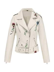 Women's Spring/Autumn Faux Leather Embroidered Commuter Jacket With Belt, Minimalist Versatile Biker PU Jacket
