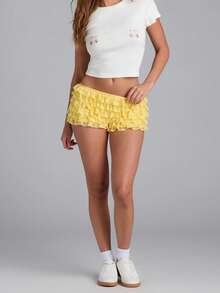 Women's Layered Lace Shorts Casual Stylish Solid Elastic Low Rise Shorts For Spring/Summer - 黃色 - 查看 2