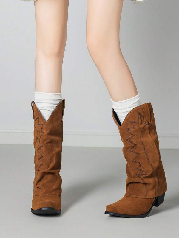 Solid Color Western Style Punk Faux Leather Embroidery Drape High Heel Punk Boots, Outdoor Wear For Spring, Autumn And Winter