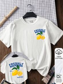 女士100%纯棉清新柠檬印花短袖T恤，夏季 - 白色 - 查看 1