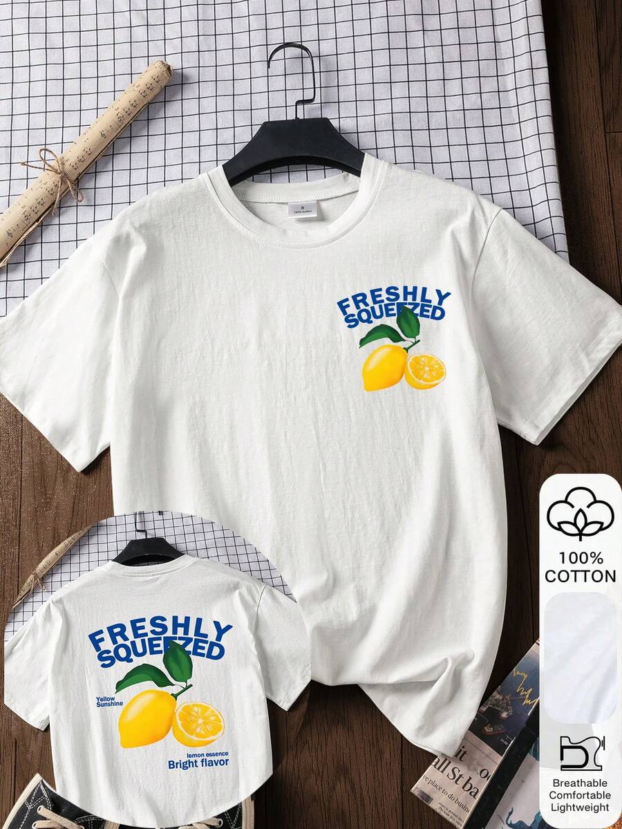 女士100%纯棉清新柠檬印花短袖T恤，夏季 - 白色 - 查看 1