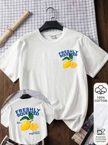 FRESHLY SQUEEZED & Lemon Print, Summer Women's 100% Cotton Short Sleeves, White Short Sleeves, Graphic T-Shirts, White Summer Clothes, Casual Summer Clothes, Cotton T-Shirts
