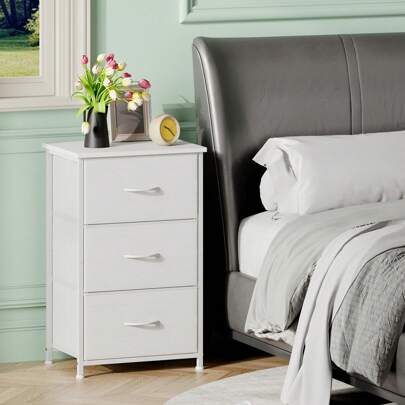 Somdot Nightstand With 3 Drawers, Small Dresser For Bedroom, Bedside Table Night Stand End Table With Fabric Bins For Bedroom Closet Dorm Kids Room, White Leather