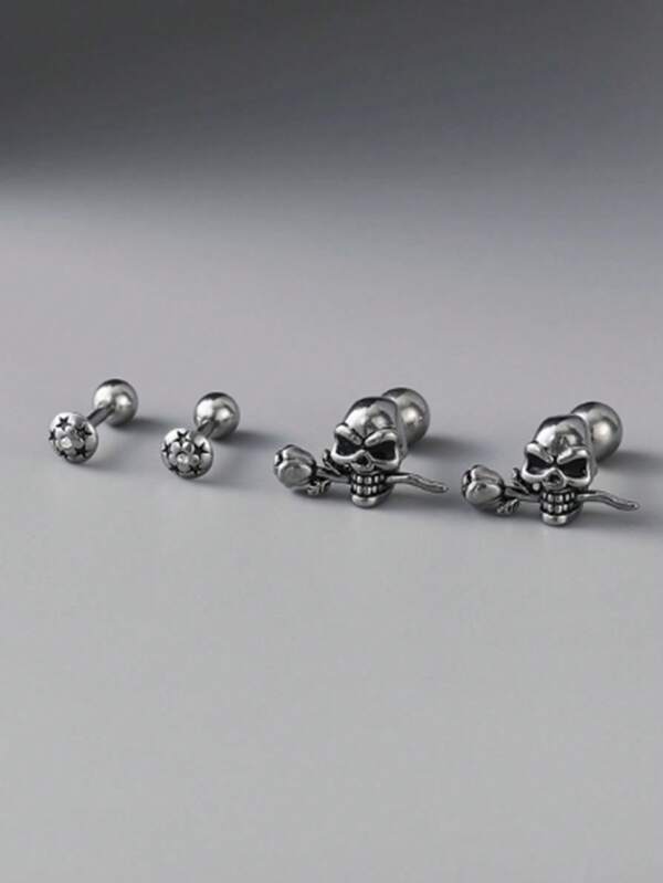 1 Pair Rose Flower Skull Stud Earrings For Men, Minimalist Floral Earrings