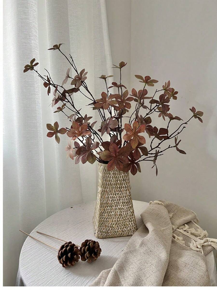 1件仿真秋季棕色植物枝條－人造秋葉枝，配有逼真絲綢尤加利葉，適用於室內外居家裝飾、桌面中心裝飾、咖啡桌、客廳、臥室、婚禮、感恩節派對
