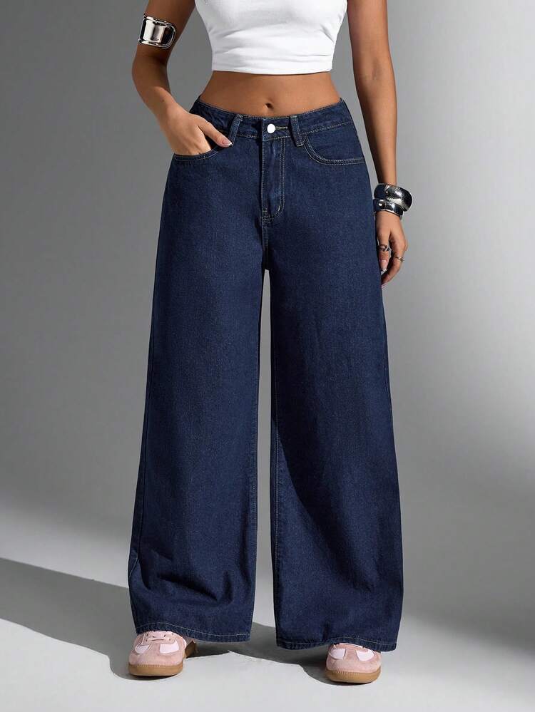 SHEIN Jeanoir Damen Jeans mit weitem Bein, lockere Passform, lässig und vielseitig - Dunkle Waschung - Übersicht 4
