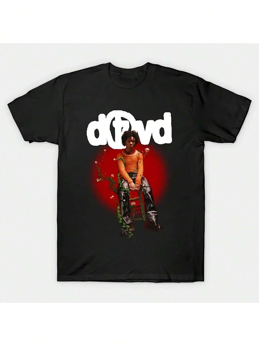 Men Plus Size D4vd Red Glow T-Shirt Pure Cotton Single-Sided Printed Round Neck Short Sleeved T-Shirt Big Men Size L-3XL 4XL 5XL 220g - 黑色 - 查看 1