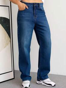 Men's Baggy Straight Wide Leg Jeans Streetwear Style Comfortable 38-48 - 深色水洗藍 - 查看 1