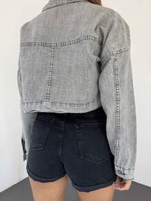 Double Pocket Zip-Up Wash Crop Denim Jacket, Plain Color Casual Sports With Zipper Pockets - Grey - View 5