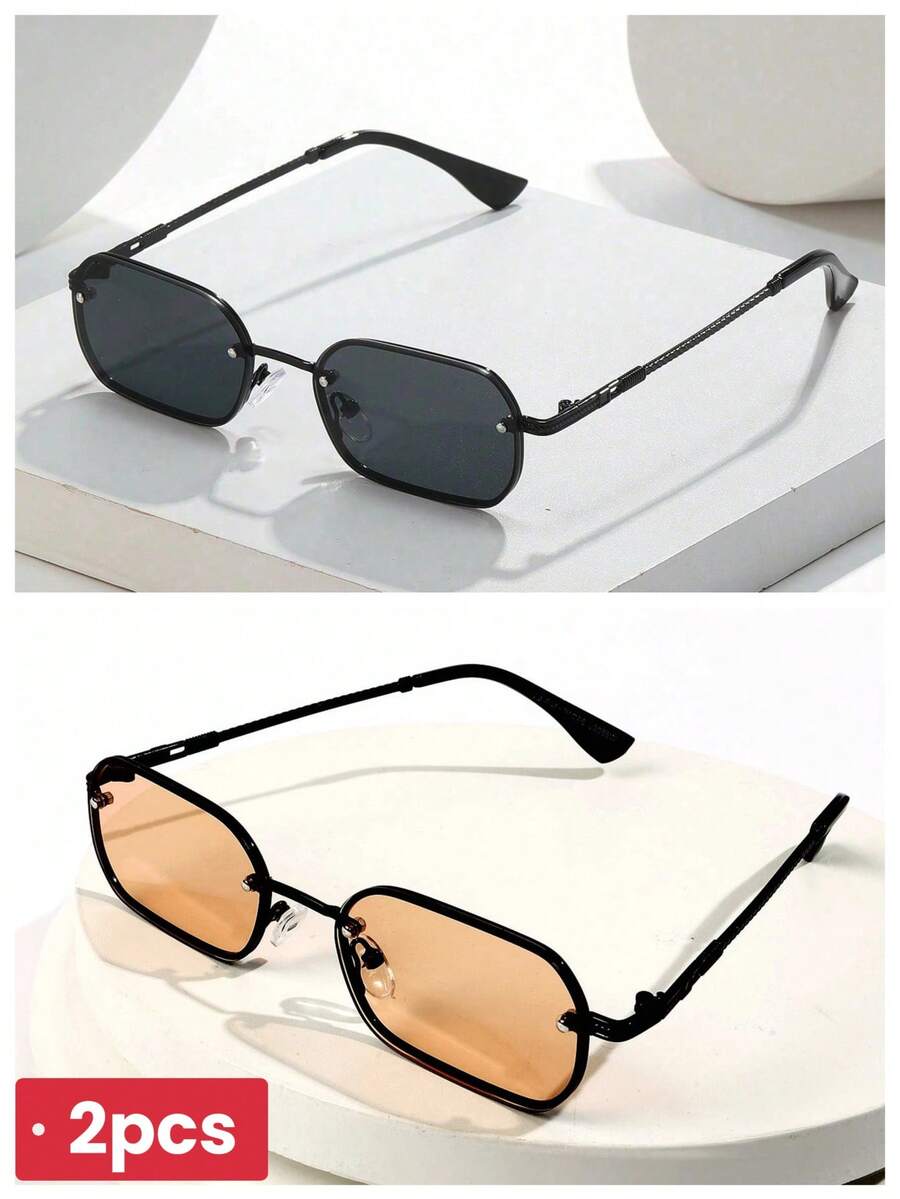 2pcs Men's Black Frame Caramel Lens Retro Square Copper Mini Y2K Classic Fashion Glasses, Suitable For Daily, Photography, Vacation, Travel (Comes With Glasses Cloth & Strap) - 1*black Frame/full Gray+1*black Frame/light Brown (without Box) - View 1