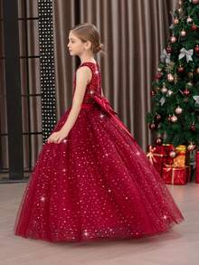 少女亮片3D蝴蝶结薄纱派对礼服，酒红色优雅长裙，适合女孩生日派对、舞会、婚礼伴娘、感恩节、毕业典礼等场合 - 酒紅色 - 查看 5