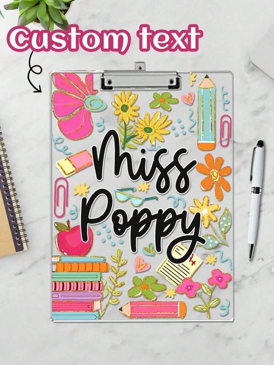1pc Customized Text Teacher Clamp, Personalized Customize Name Acrylic File Board, Customized Style Flower Teacher Clipboard, Hand Painted Stationery Flower Pattern, Personalized Teacher Appreciation Gift, Year End Gift, Teacher Supplies,For School Supplies,Back To School