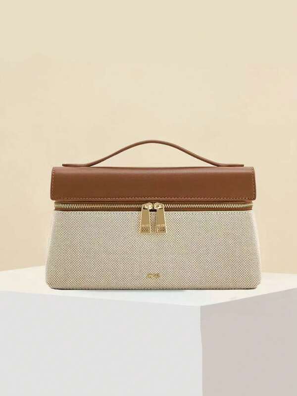 新款时尚百搭纯色PU拼接手提包，拉链封口设计，字母图案装饰，优雅女士钱包，手提包/盒包，商务通勤包，旅行度假必备，适合旅行、购物、通勤、度假，女士礼物