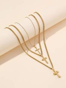 Set de 3 collares de cruz de acero inoxidable dorado, adecuado para decoración diaria o regalo de mujer - Amarillo Oro - Ver 1