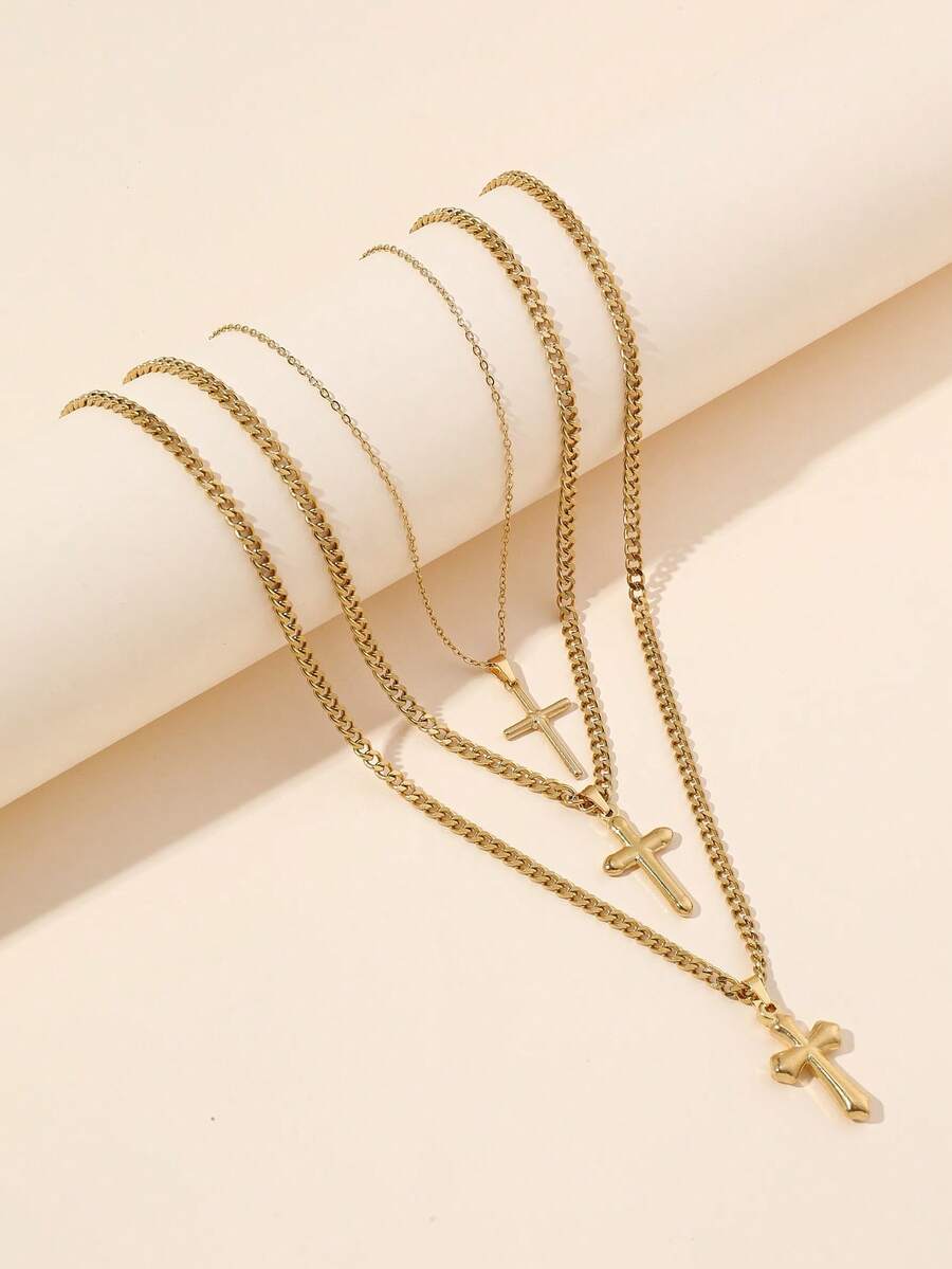 Set de 3 collares de cruz de acero inoxidable dorado, adecuado para decoración diaria o regalo de mujer - Amarillo Oro - Ver 1