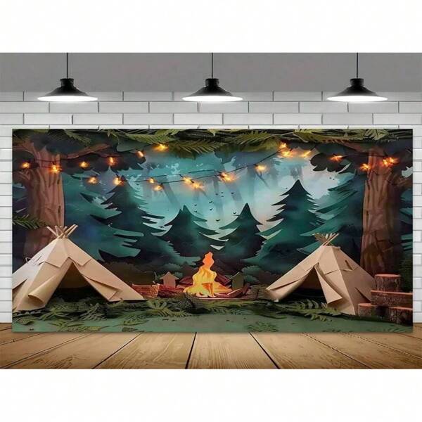 1 Photography Camping Background - Forest Scene With Tent, Fire Pit, And Light String - Perfect For Party, Photo Booth, And Event Decoration, Party Background | Camping Theme Decoration | Multi Functional Decoration, Camping Accessories